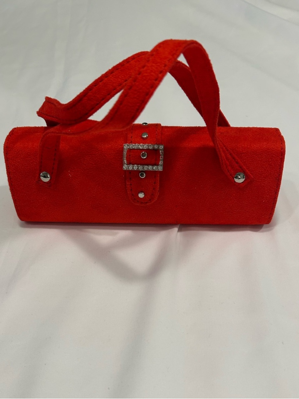 Red Suede Roll Handbag with Rhinestone Buckle